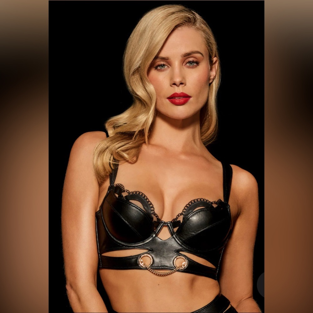 NWOT Honey Birdette CLAIRE PUSH UP Black Bra 32DD Gold Collection Leatherette